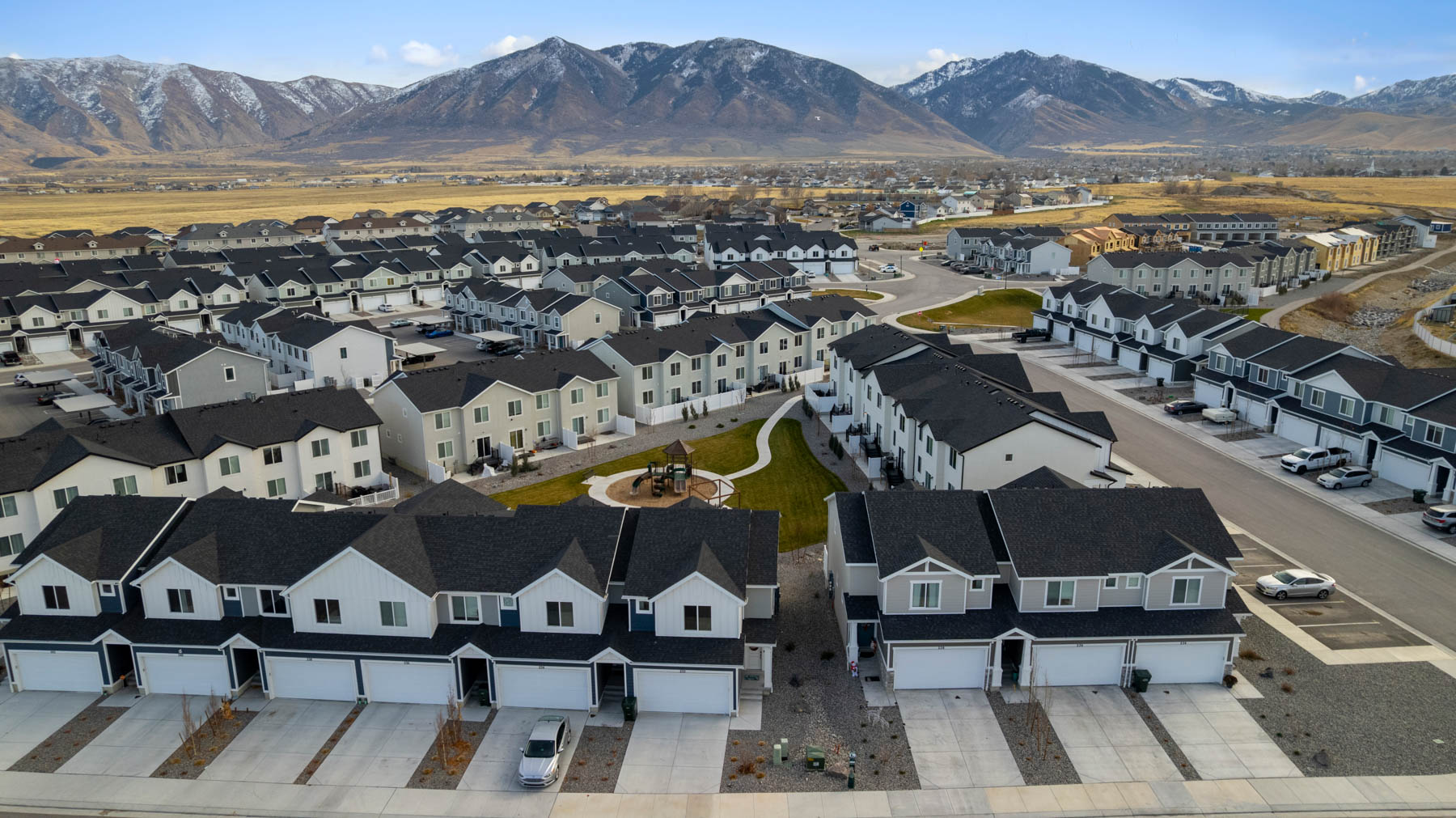 Aerial photo of D.R. Horton’s Western Acres townhome community in Tooele Utah.
