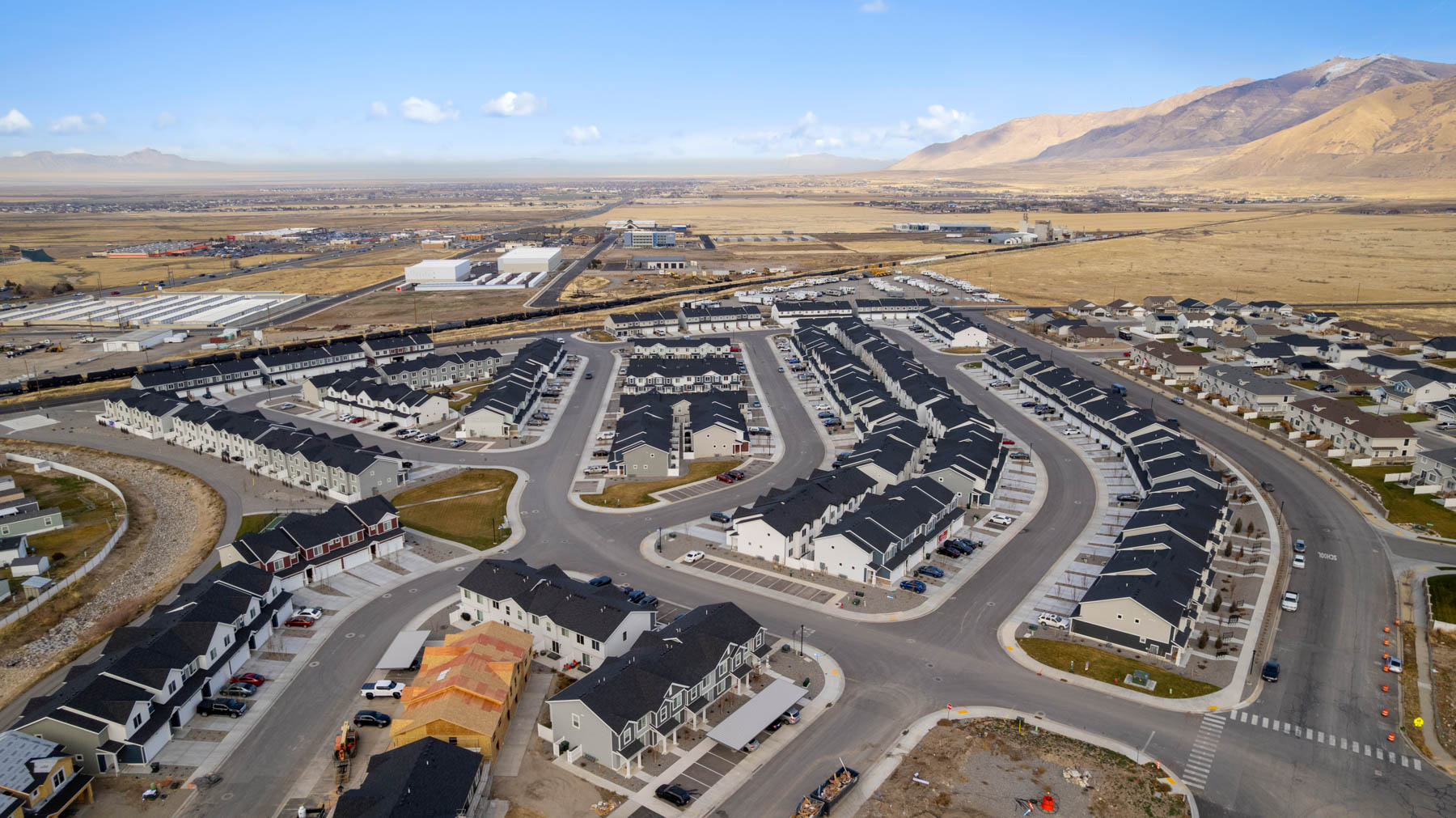 Aerial photo of D.R. Horton’s Western Acres townhome community in Tooele Utah.