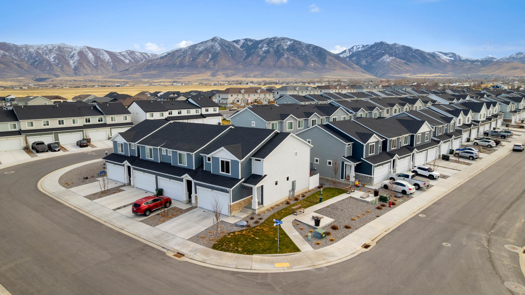 Aerial photo of D.R. Horton’s Western Acres townhome community in Tooele Utah.