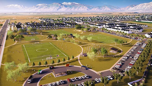 Viridian concept rendering showing the large park with many amenities.