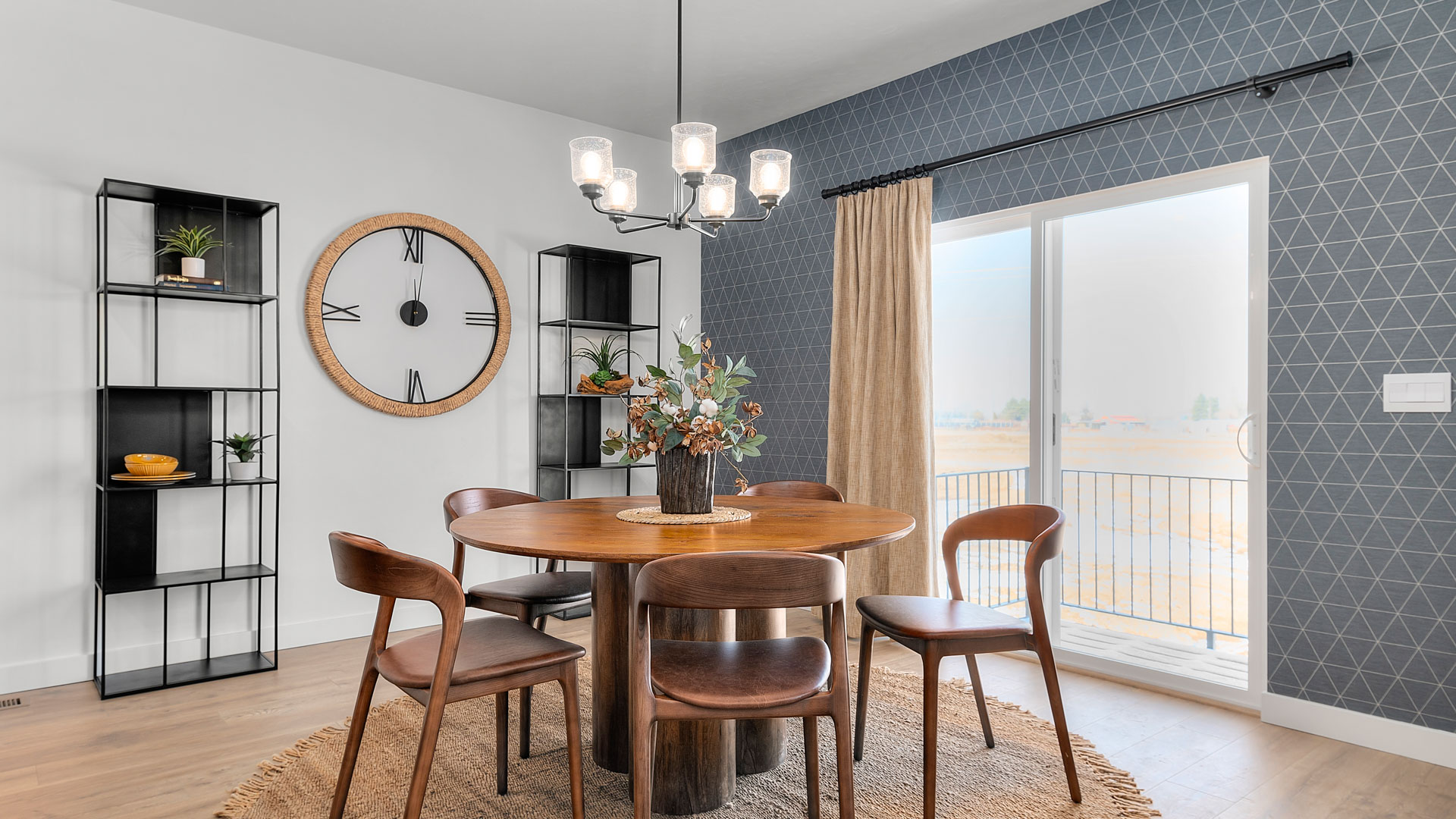 Dining room with wide patio doors.