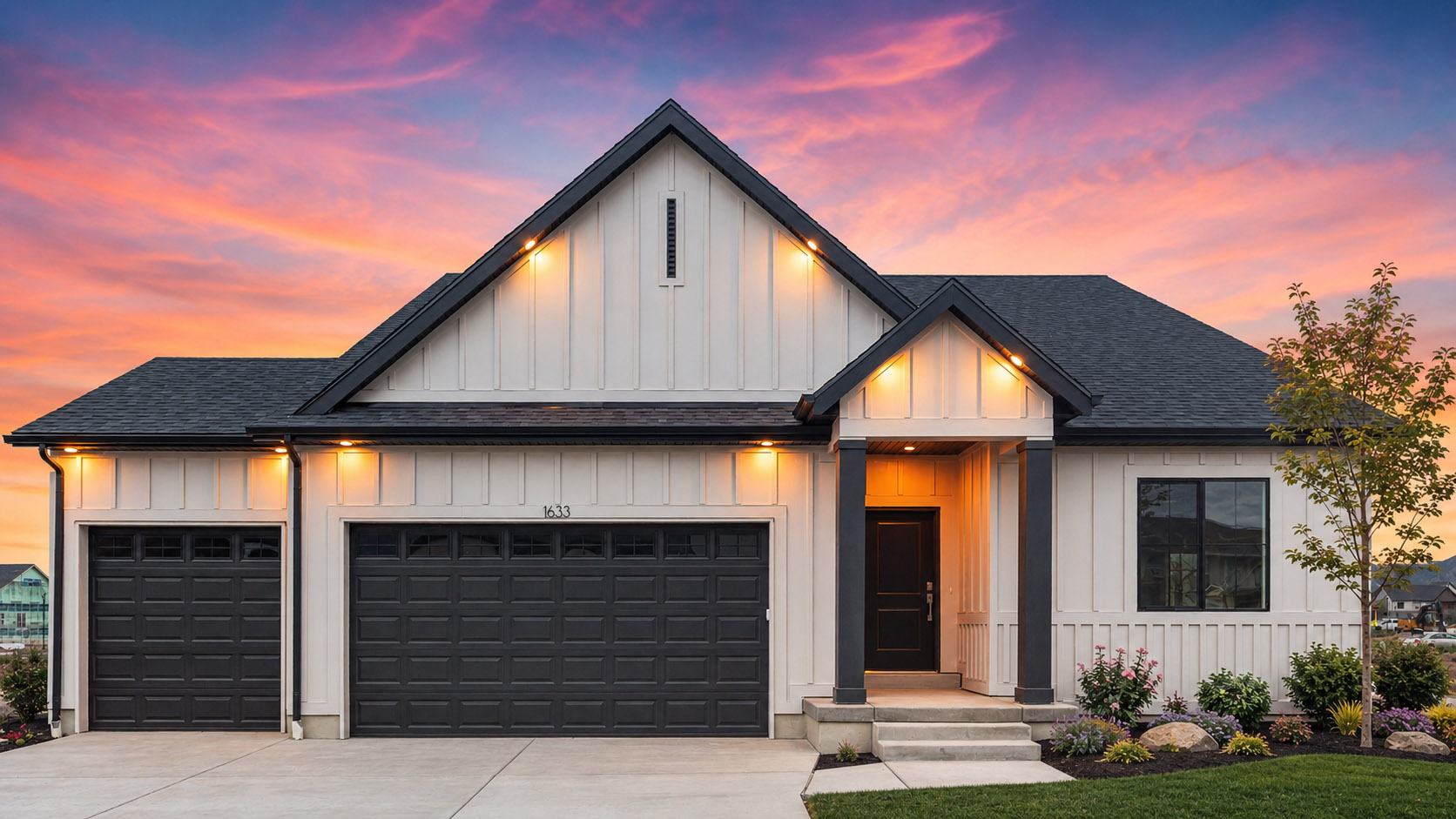 Cali exterior with 3 car garage.