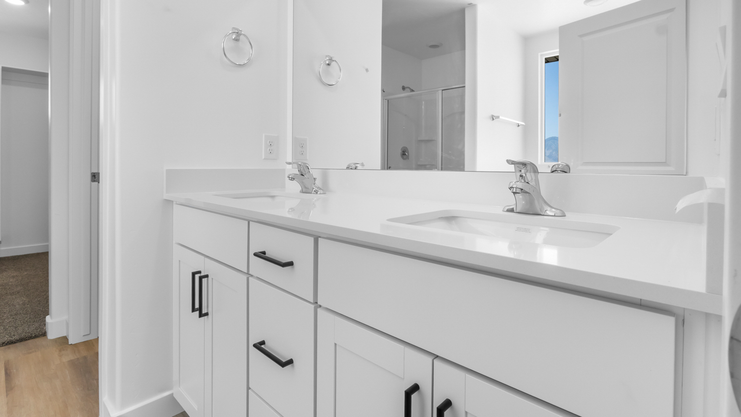 Primary bathroom with double sink vanity.