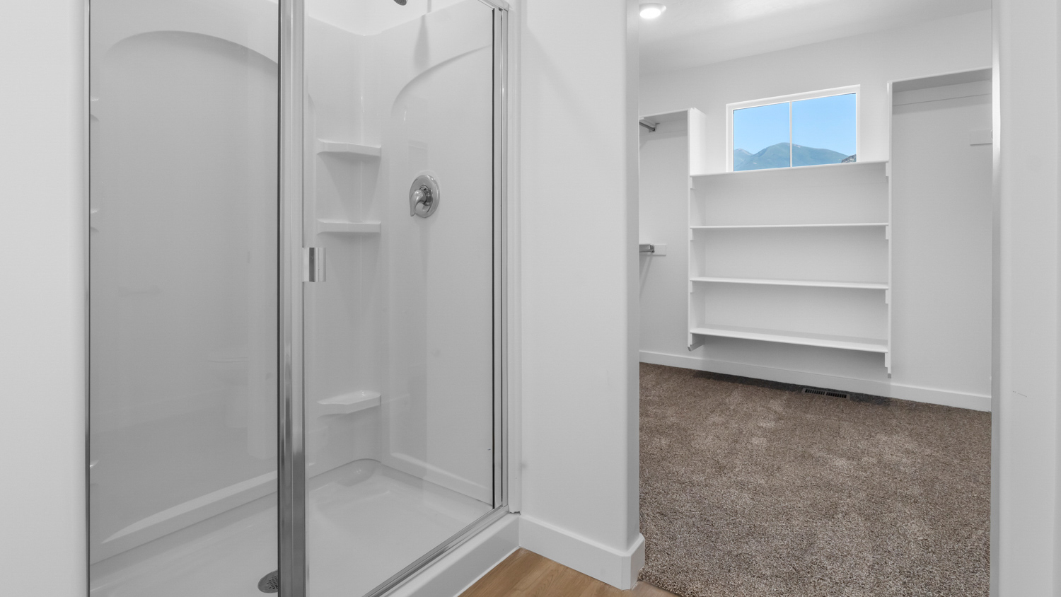 Primary bathroom with glass shower and walk-in closet.