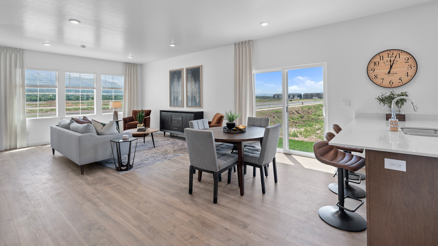 Kitchen area with patio doors and kitchen island.