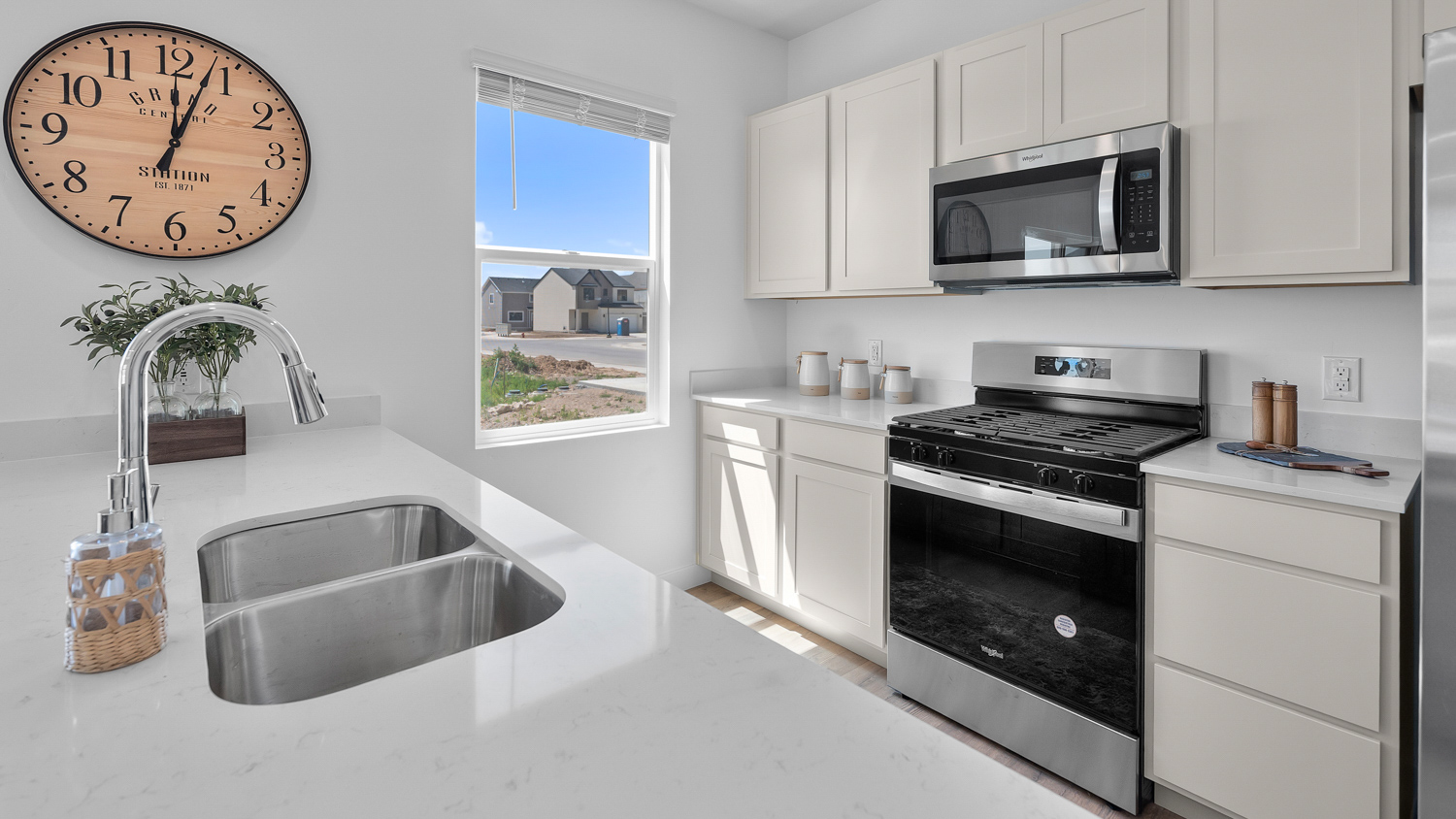 Kitchen area with patio doors and kitchen island.