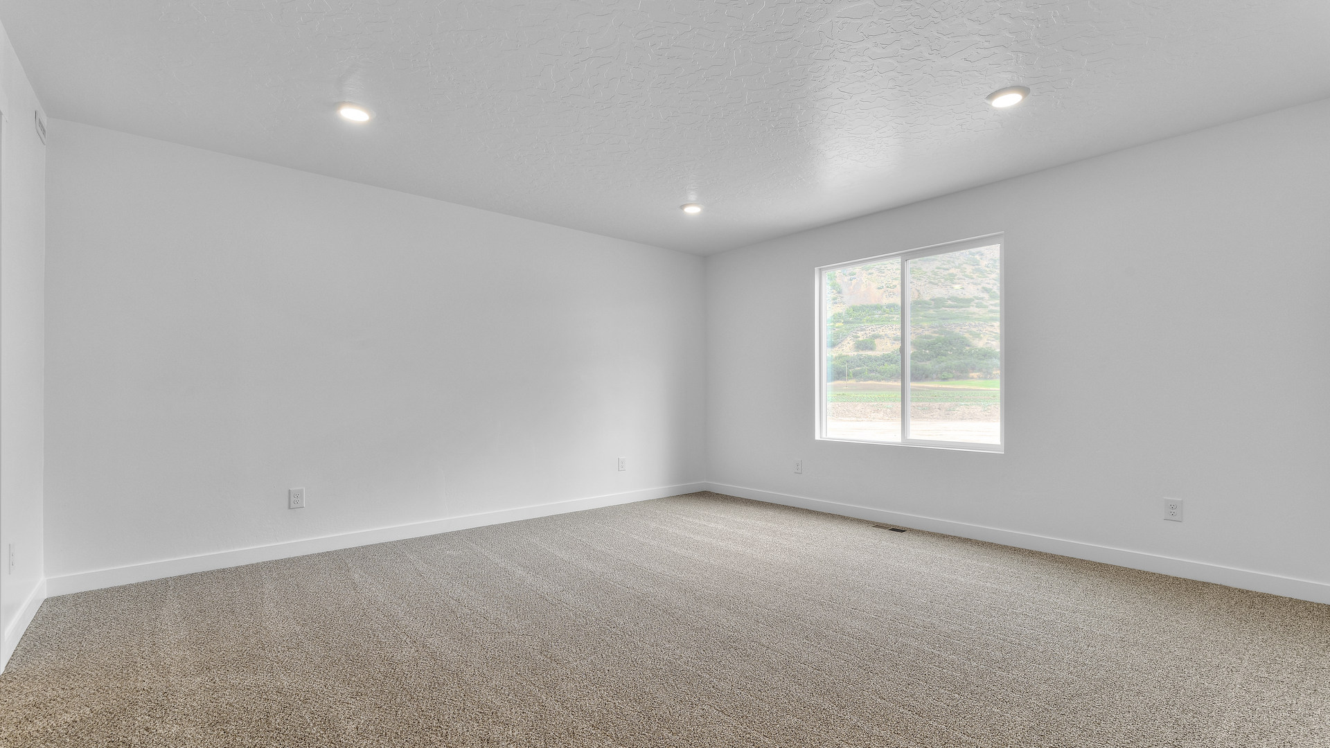Primary bedroom with large window.