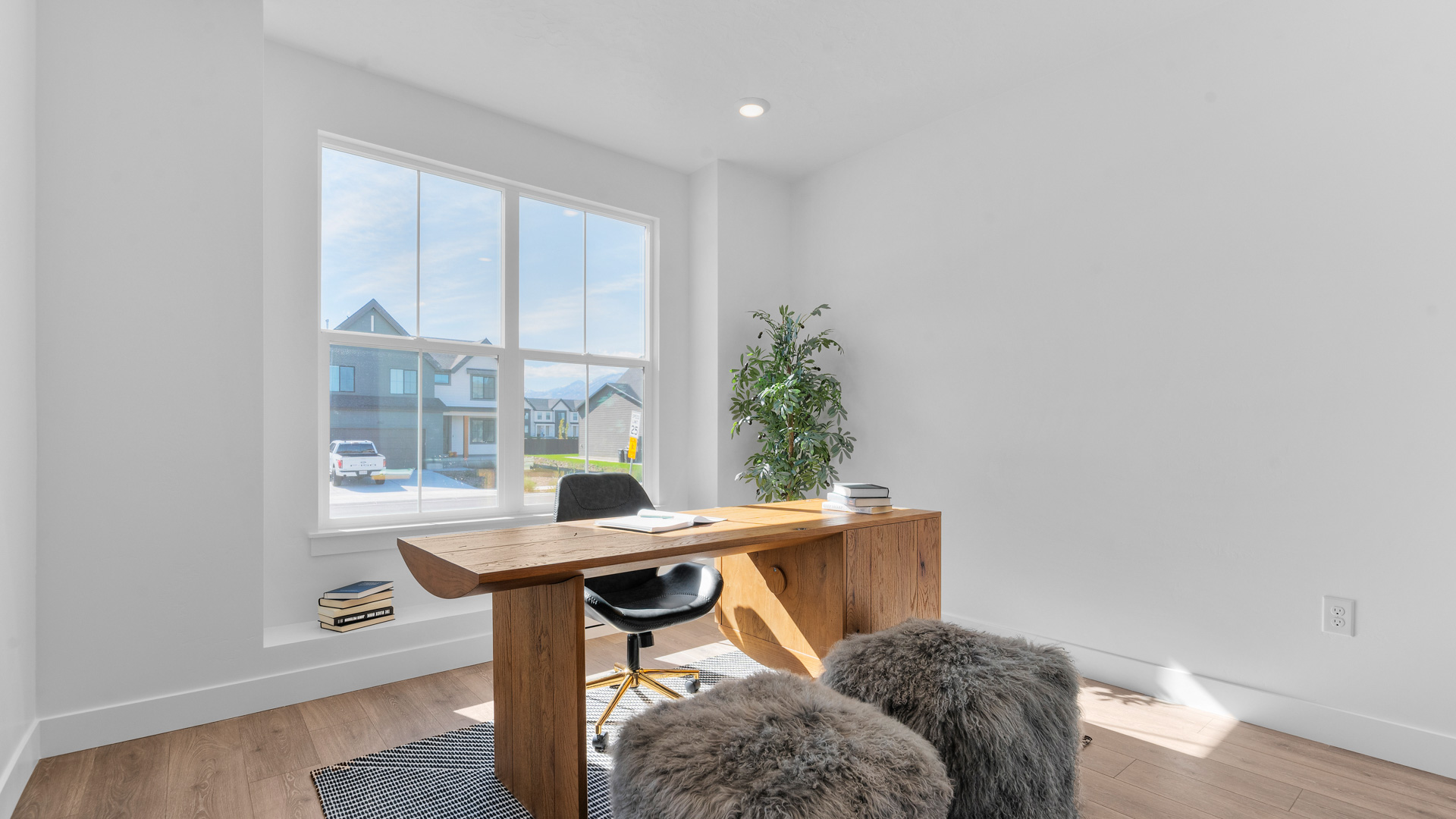Office with double glass doors.