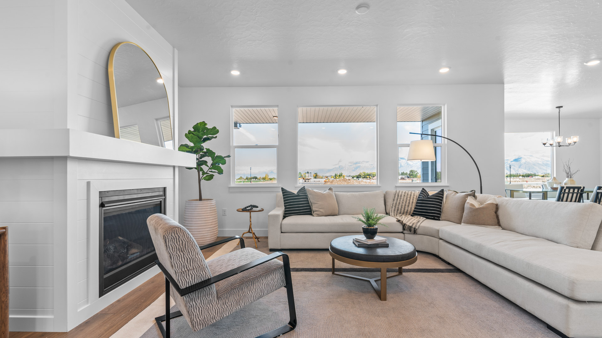 Family room with windows and fireplace.