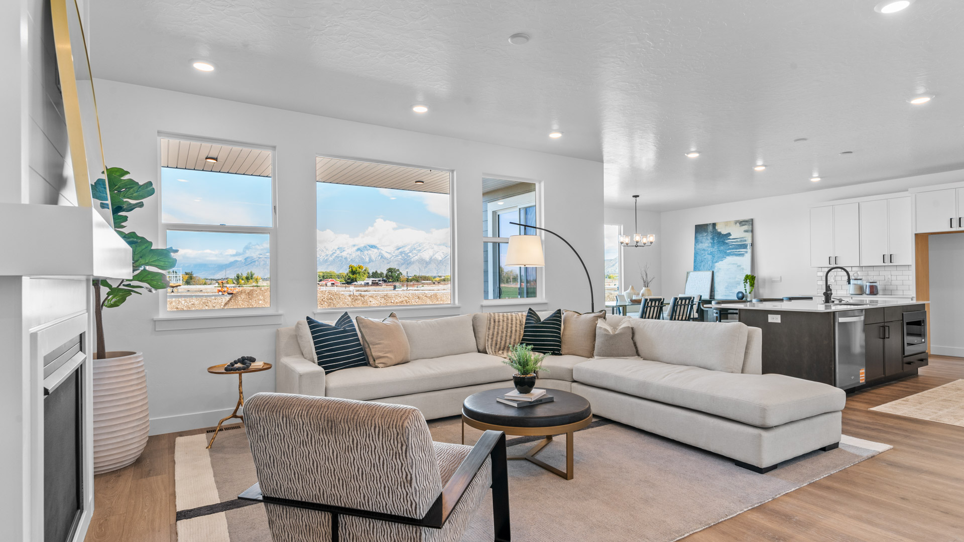 Family room with windows and fireplace.