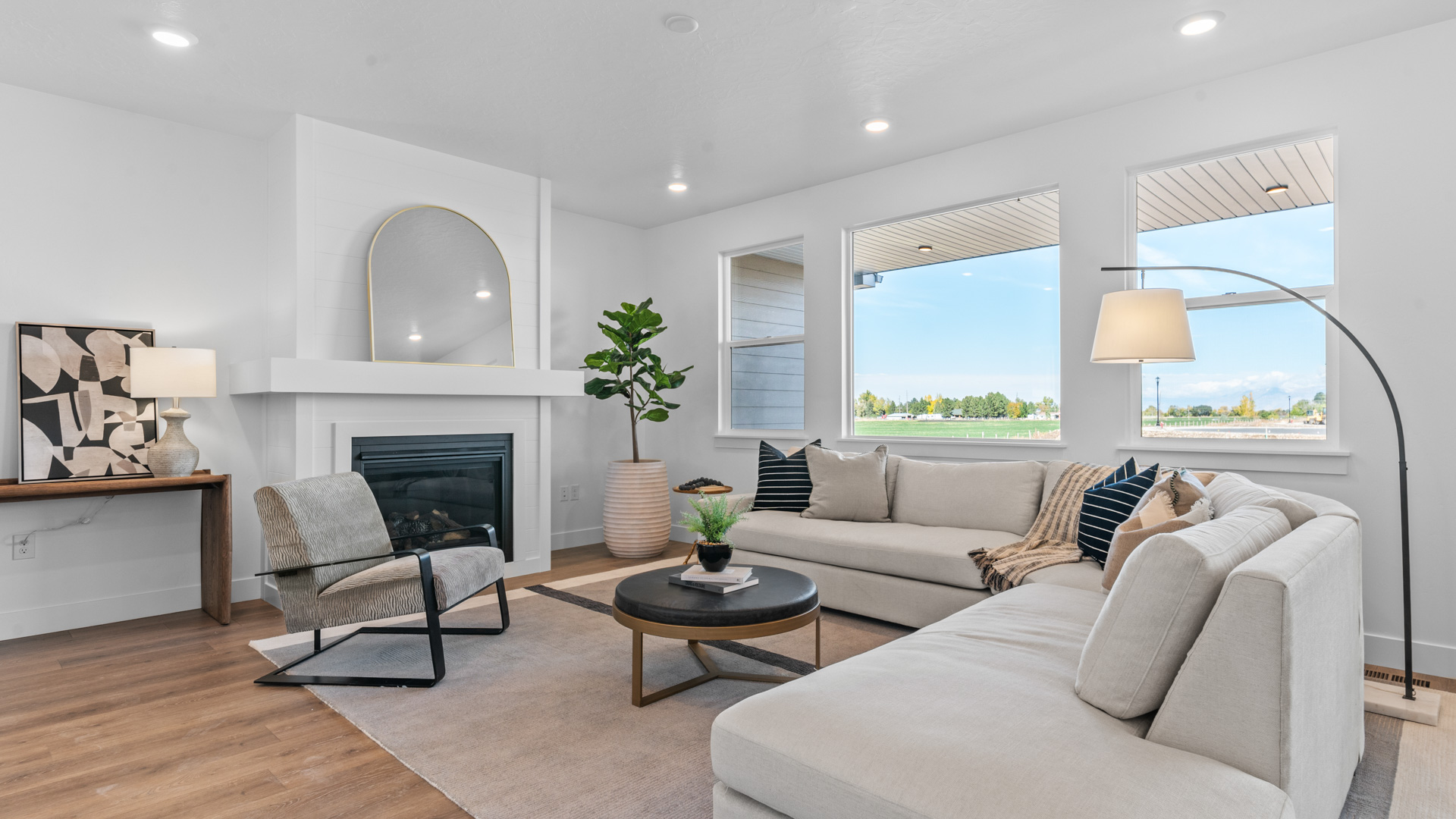 Family room with windows and fireplace.