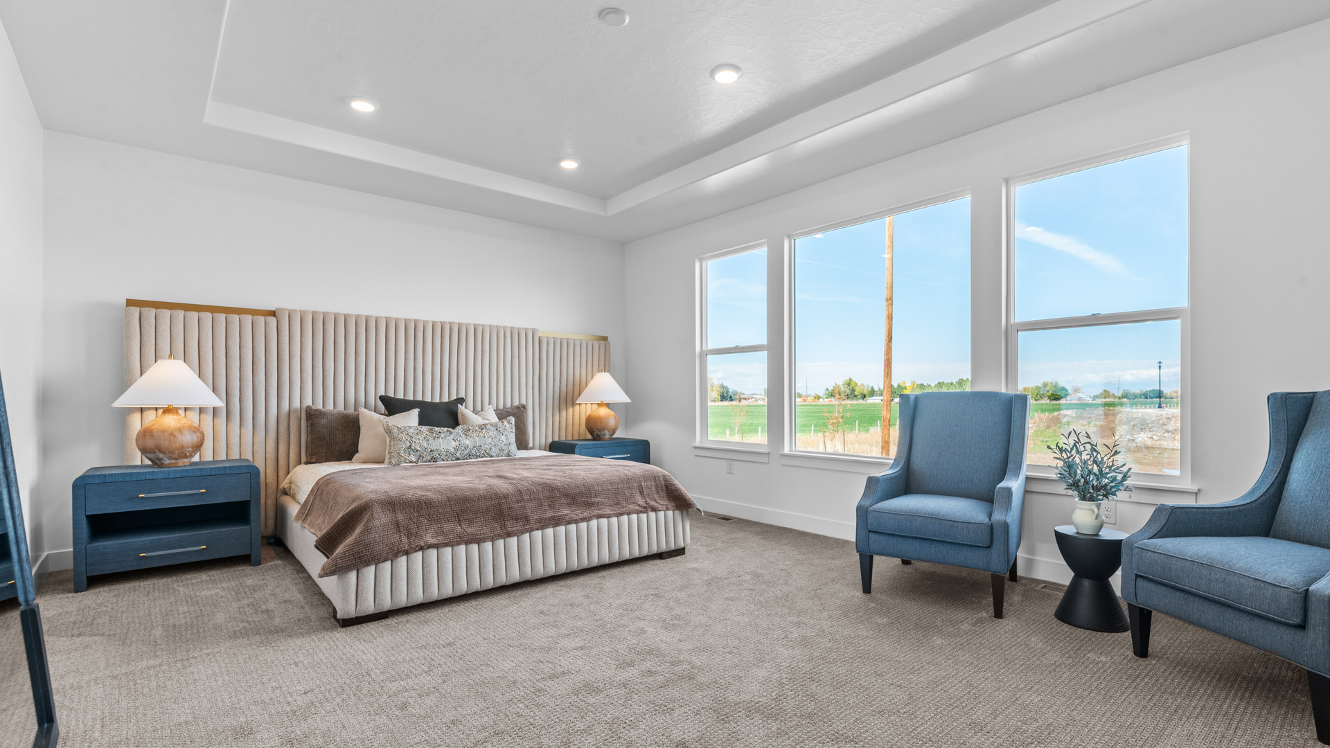 Primary bedroom with tray ceiling and large windows.