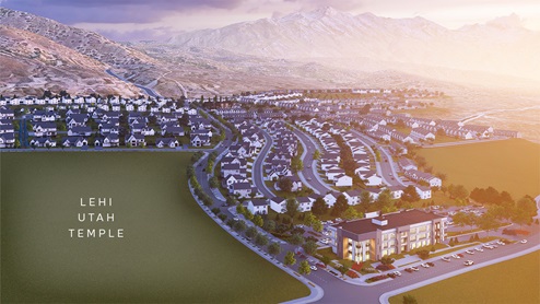 Aerial view of the community with the headquarters and Lehi Utah Temple site.