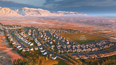 Aerial view of the community featuring views of the valley and mountains.