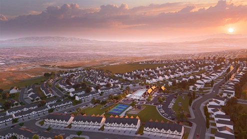 Another aerial view of the community featuring views of the valley, clubhouse, pool, and other amenities such as pickleball court.