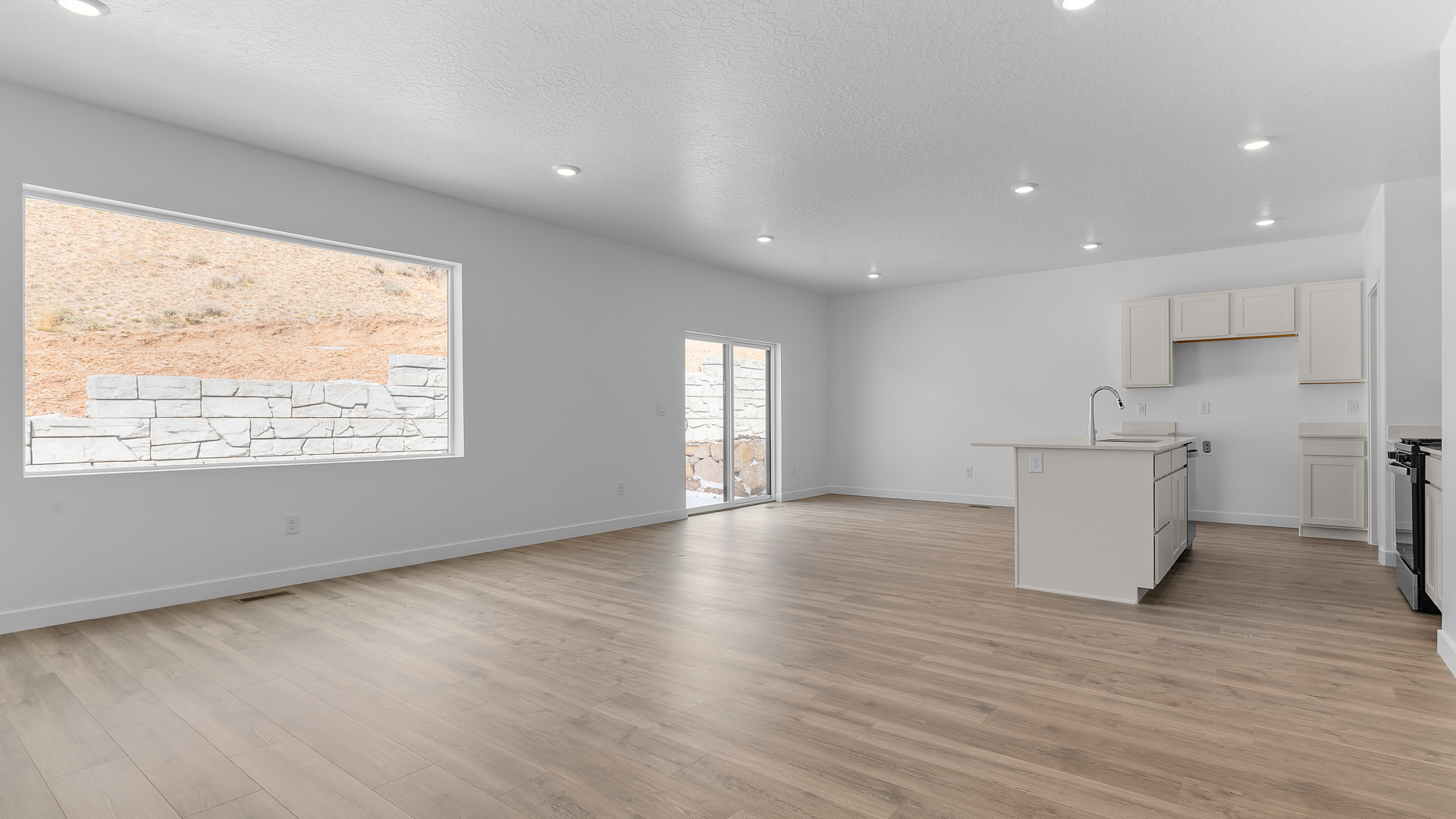 Family room with large window.