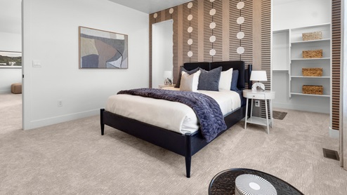 Bedroom with large window and open walk-in closet.