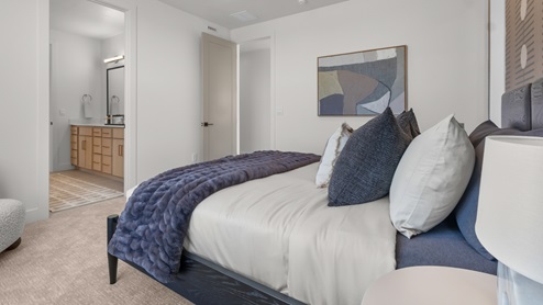 Bedroom with large window and open walk-in closet.