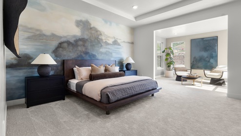 Primary bedroom with large window and tray ceilings.