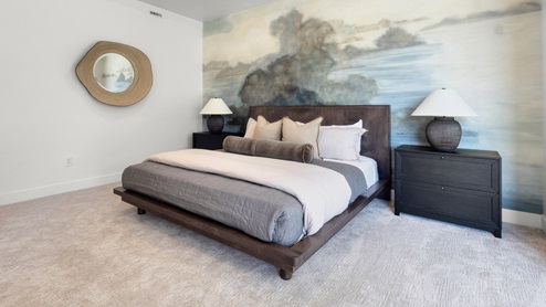 Primary bedroom with large window and tray ceilings.