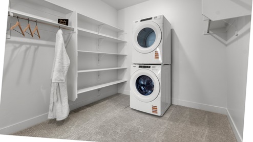 Spacious walk-in closet with washer dryer combo.