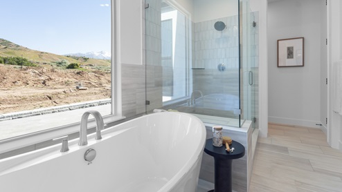Primary bathroom glass shower and tub.