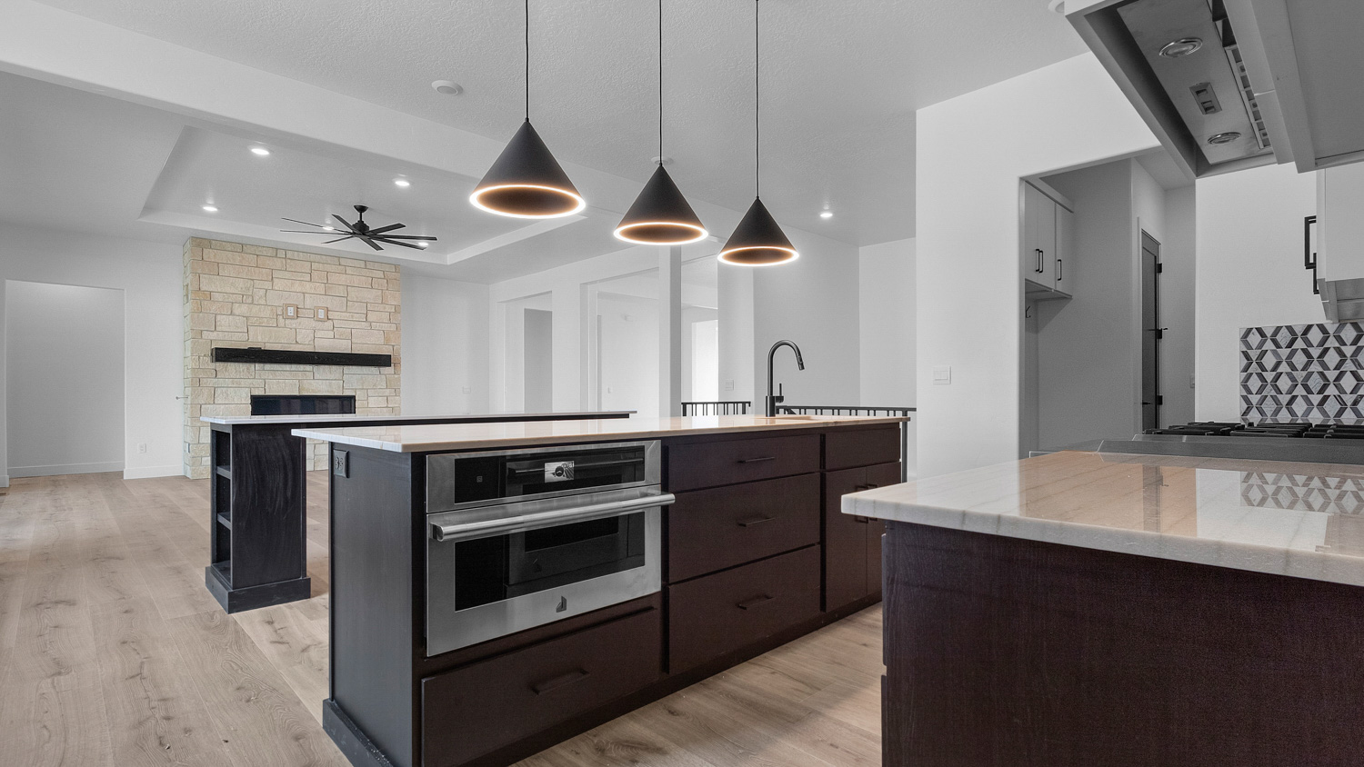Kitchen space with two kitchen islands.