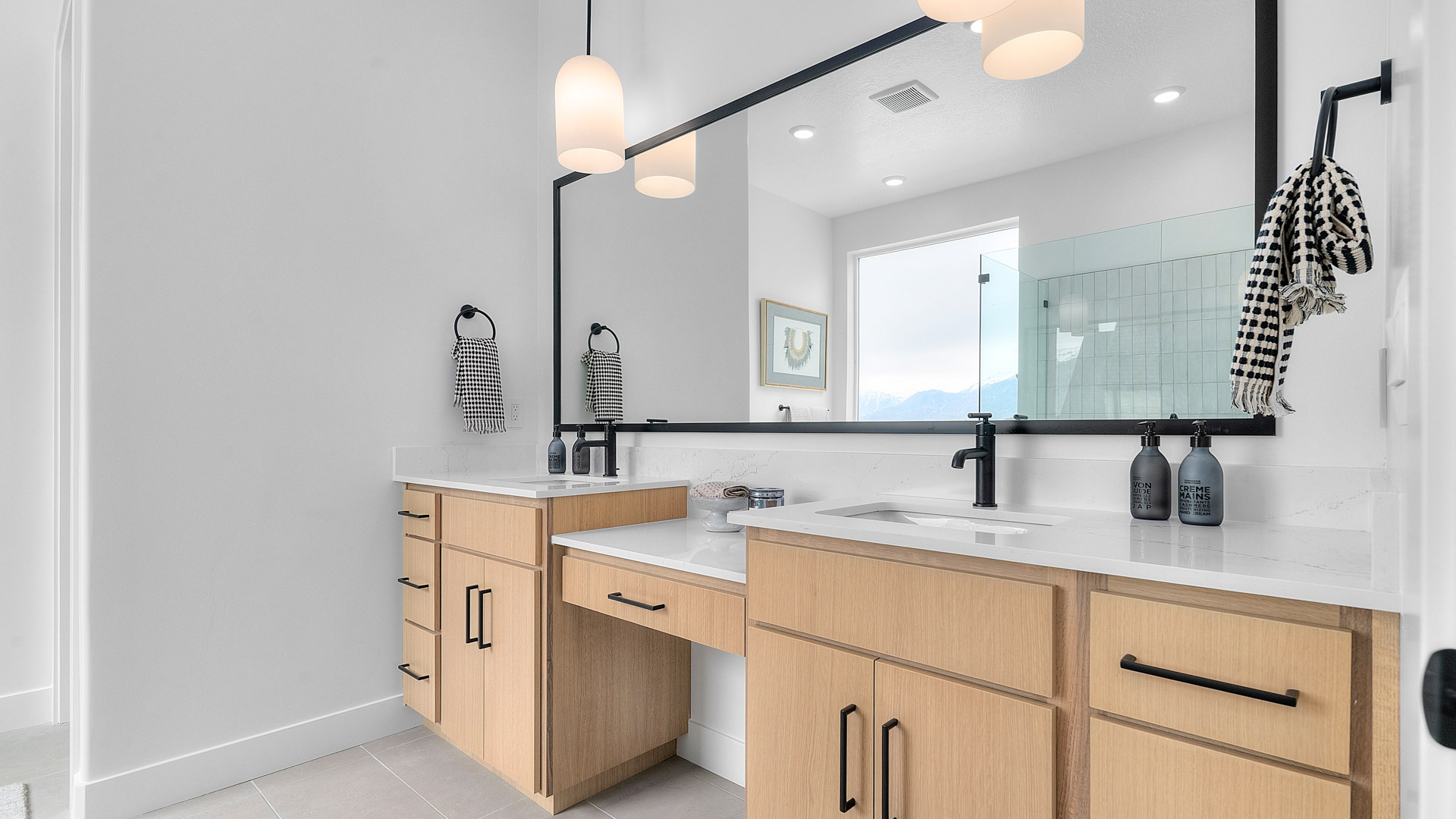Spacious bathroom with double sink vanity.