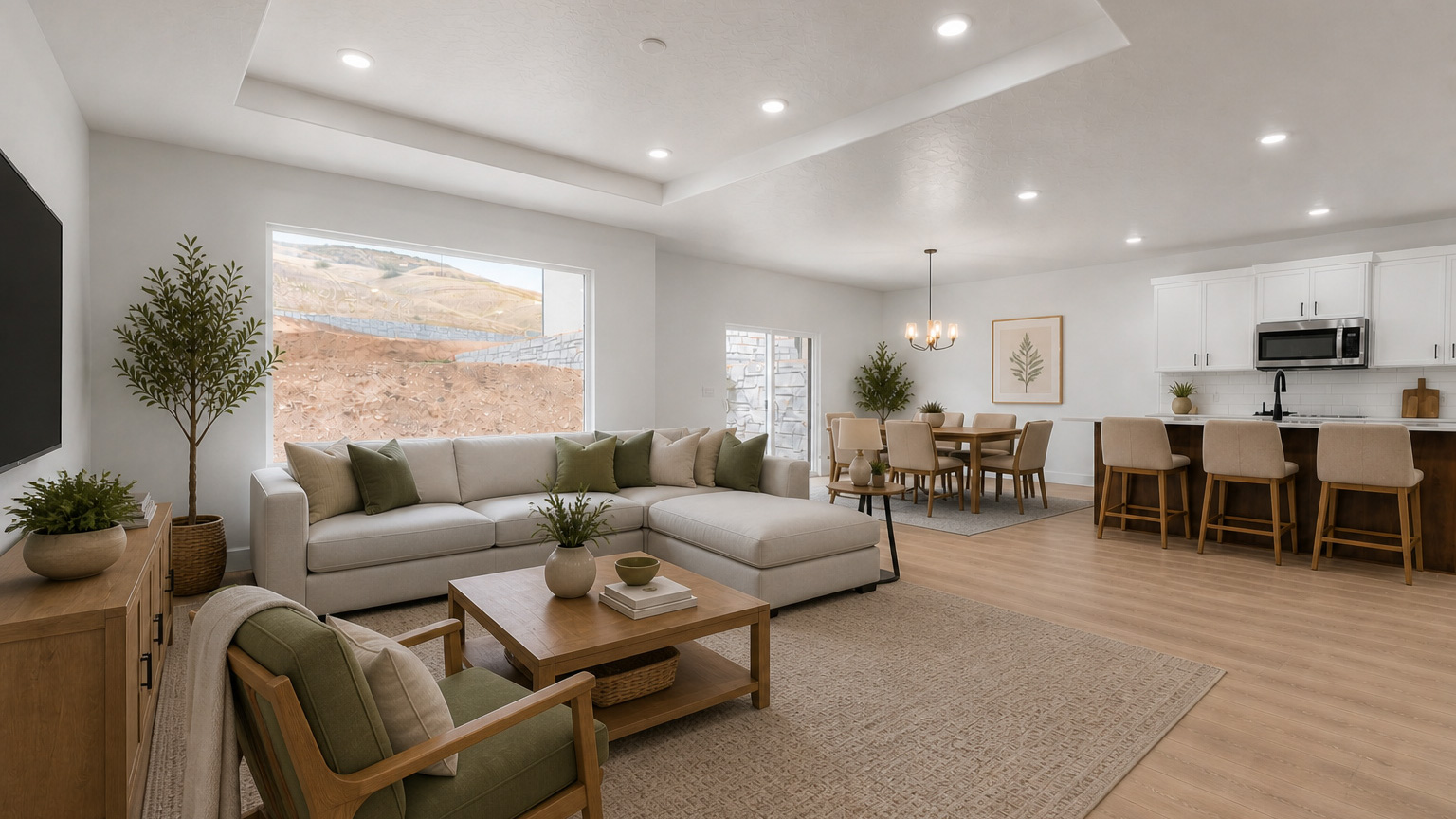 Main living space with family room, kitchen, and dining room.