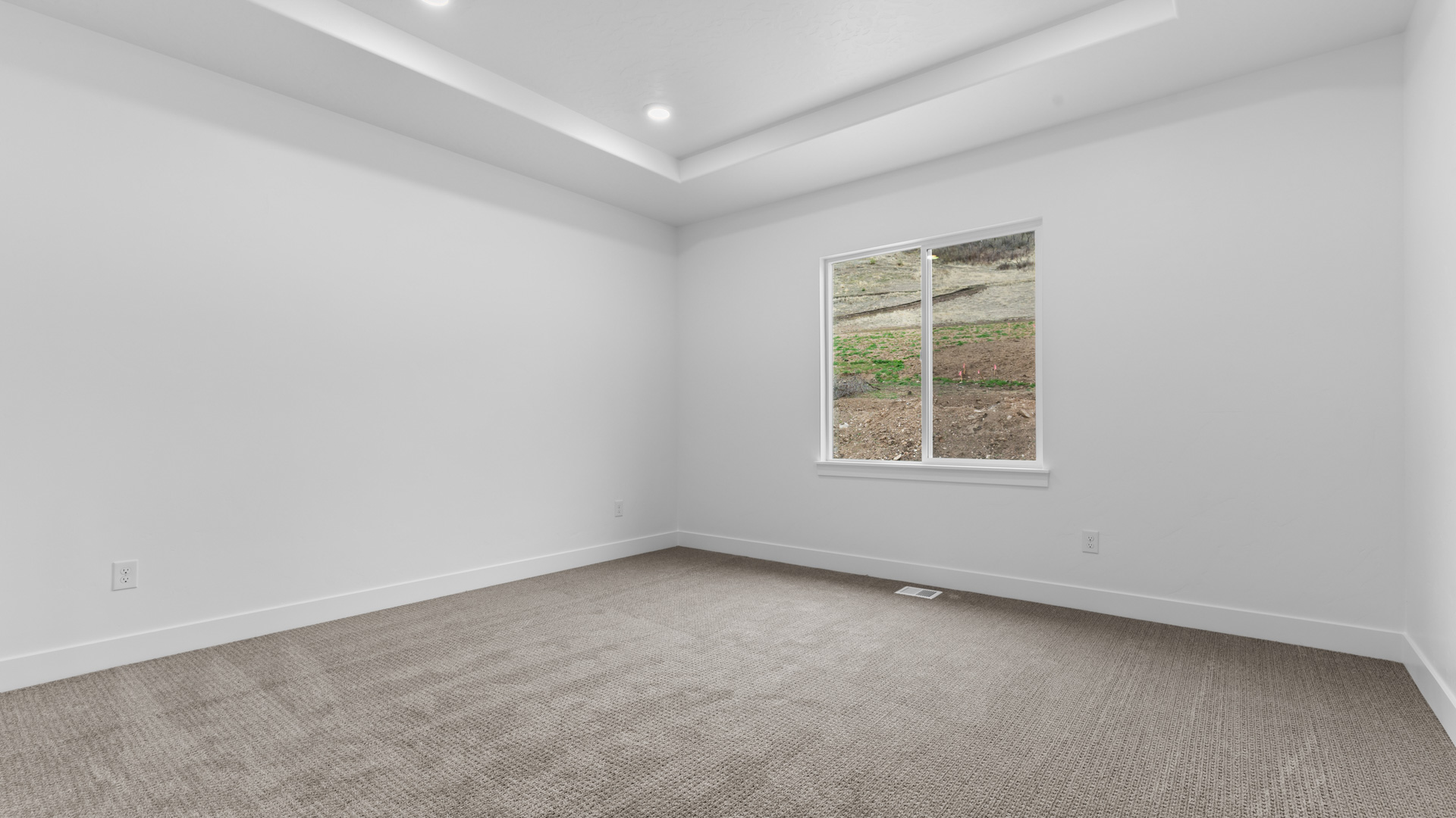 Primary bedroom with tray ceiling.