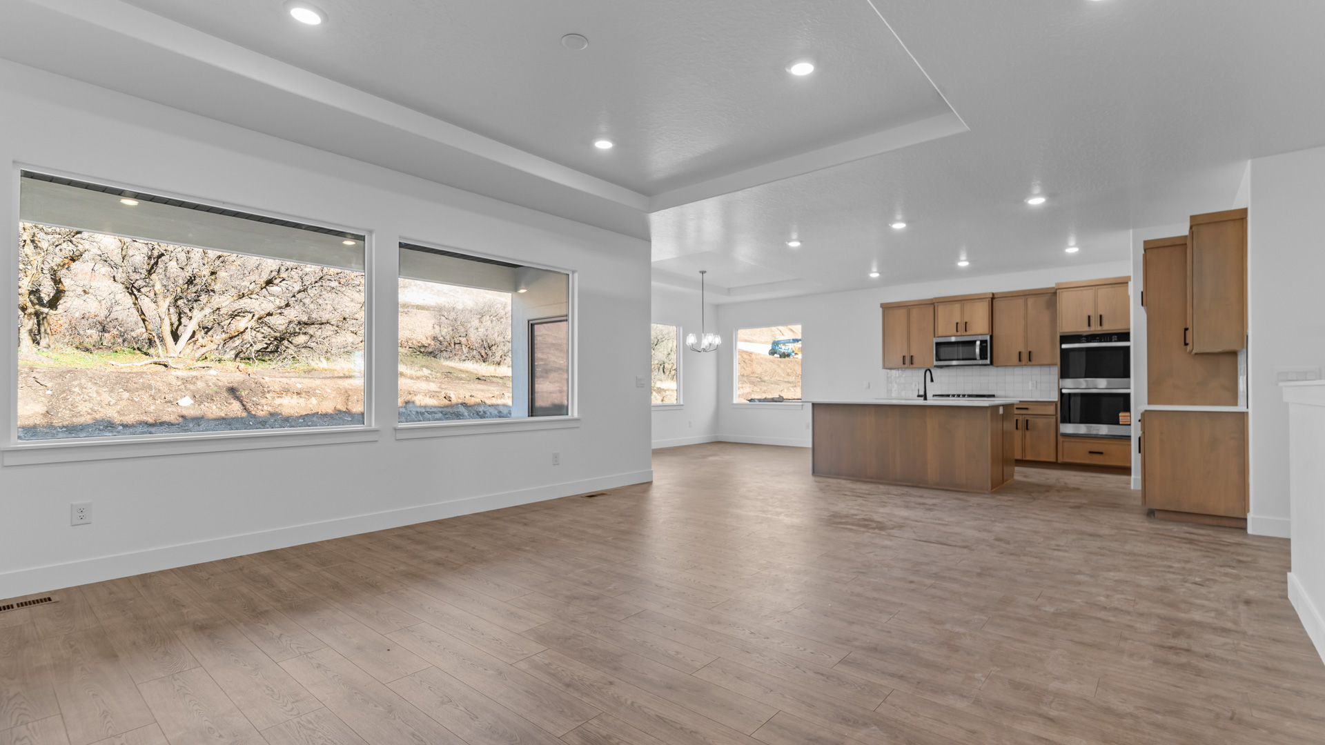 Main living space with family room, kitchen, and dining.