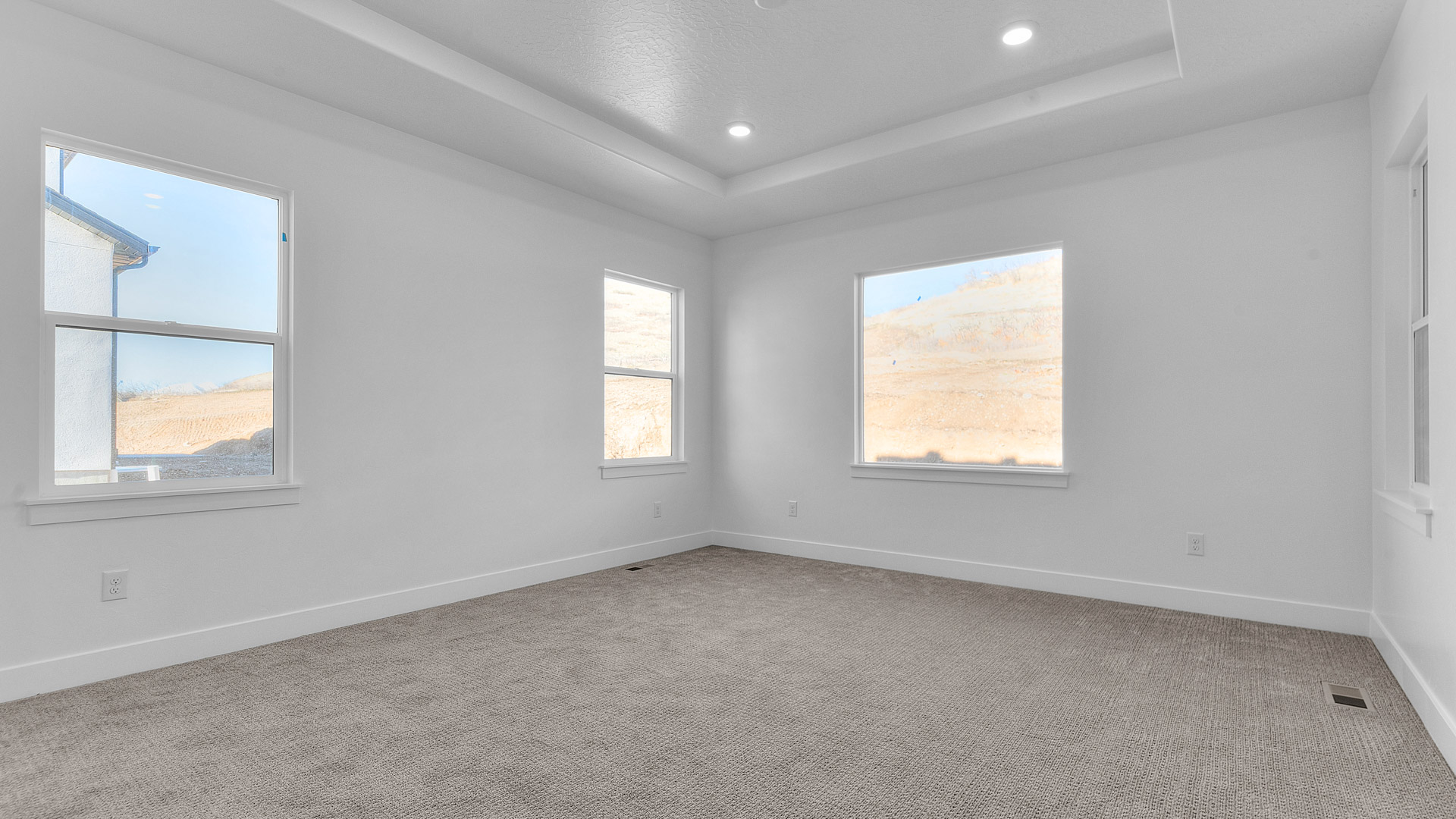 Primary bedroom with tray ceiling.