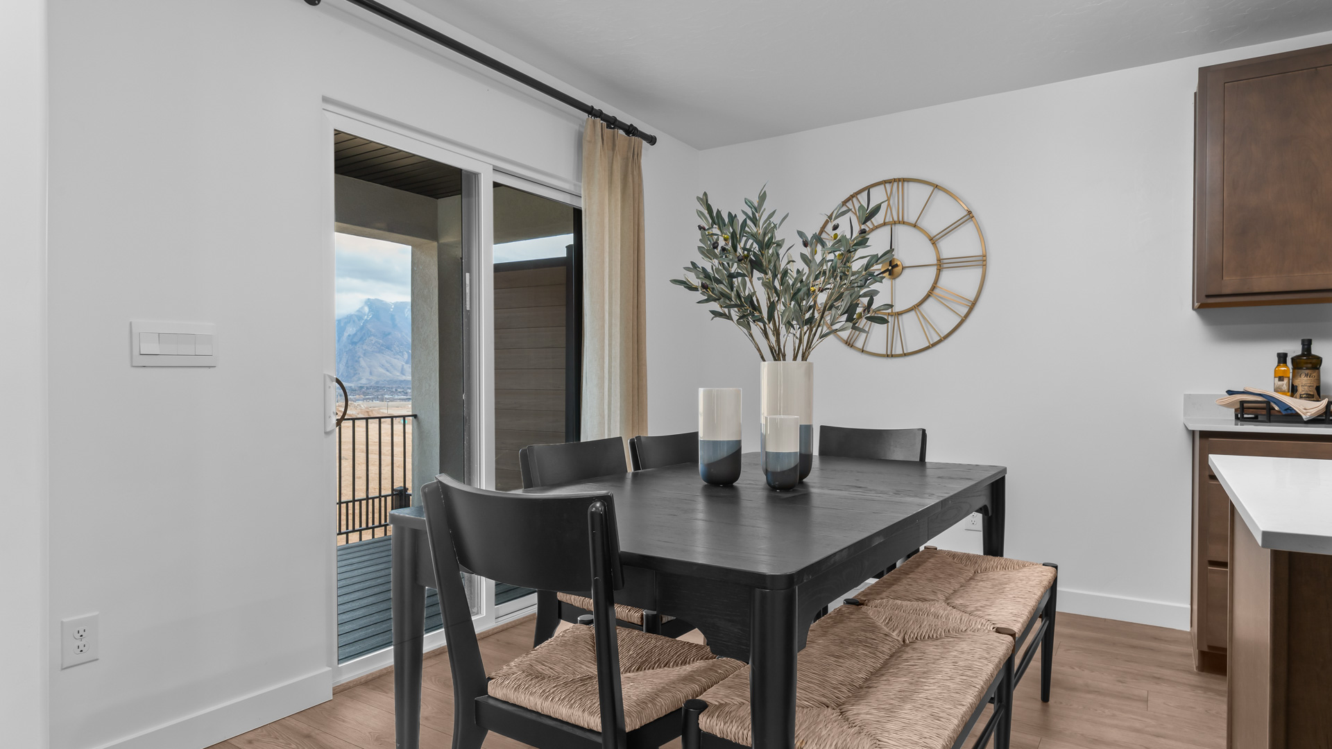 Dining space with glass patio doors.