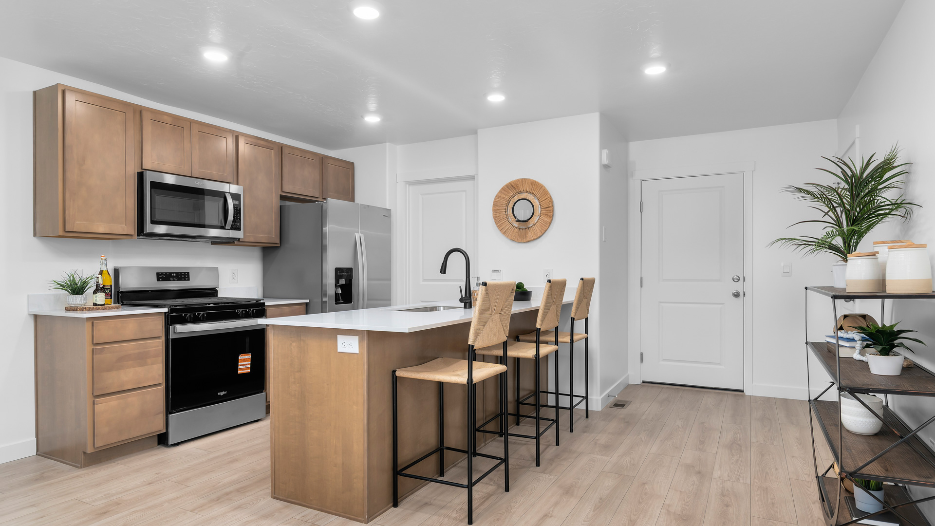 Kitchen with stainless steel appliances.