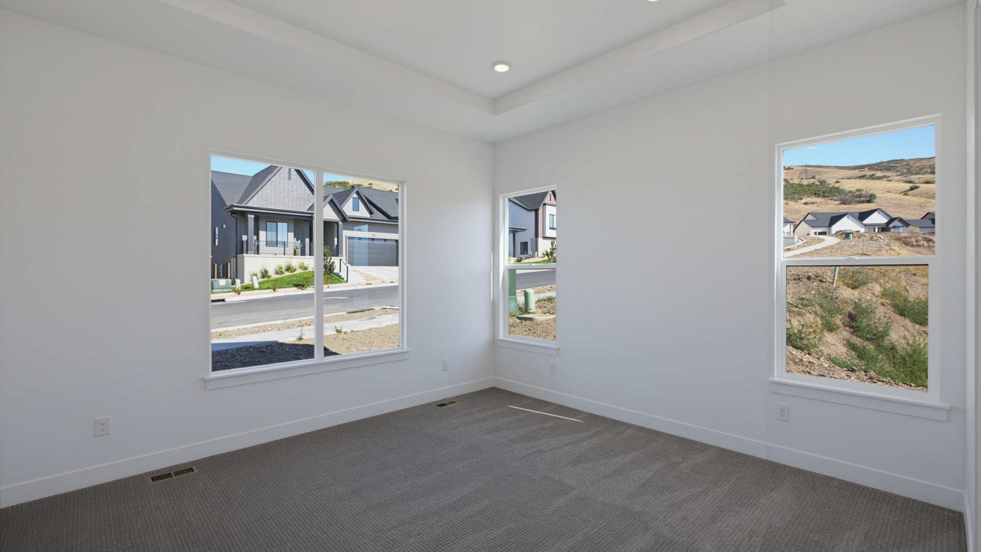 Primary bedroom with windows and tray ceiling.