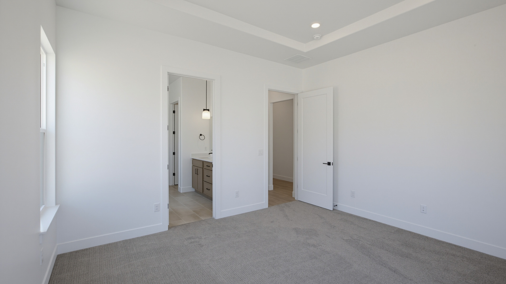 Primary bedroom with windows and tray ceiling.