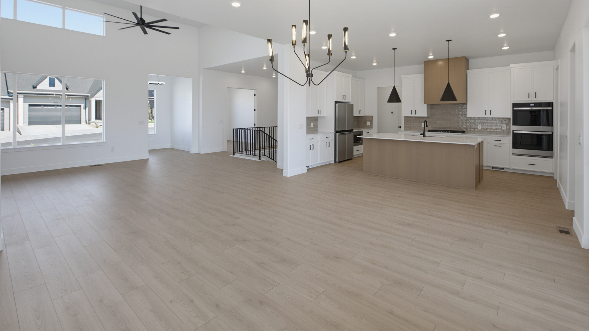 Family room, dining, and kitchen space.