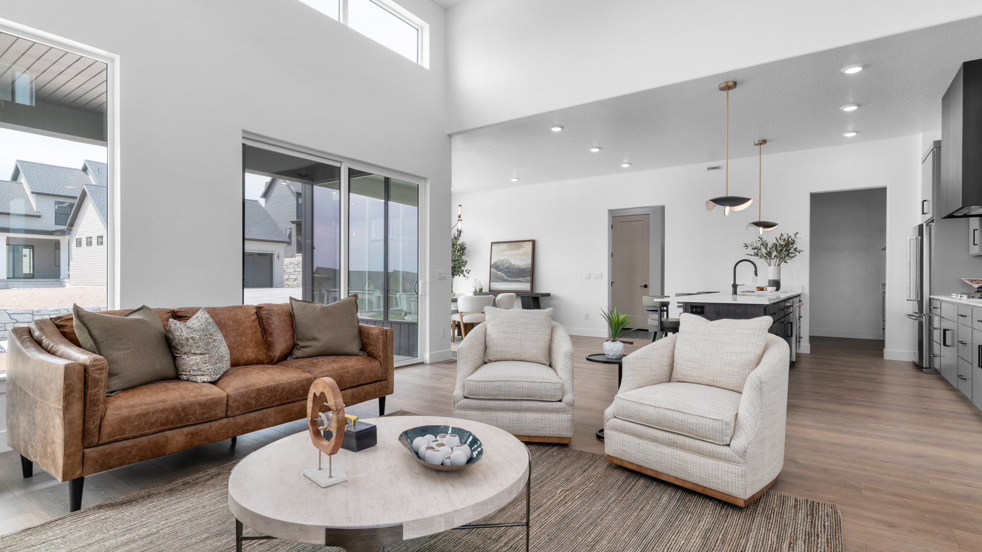 Family room with fireplace and windows.