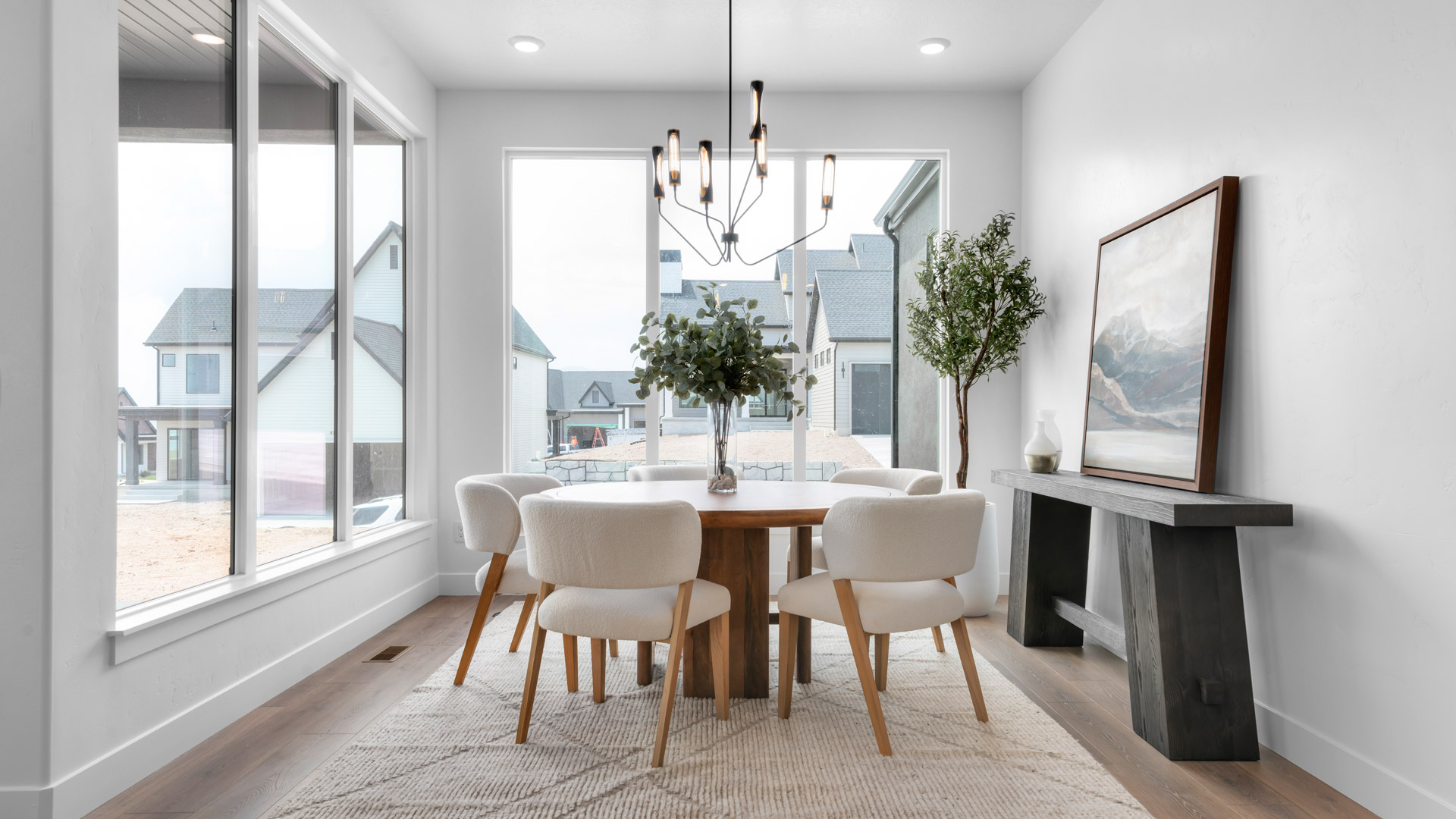 Dining space with windows.