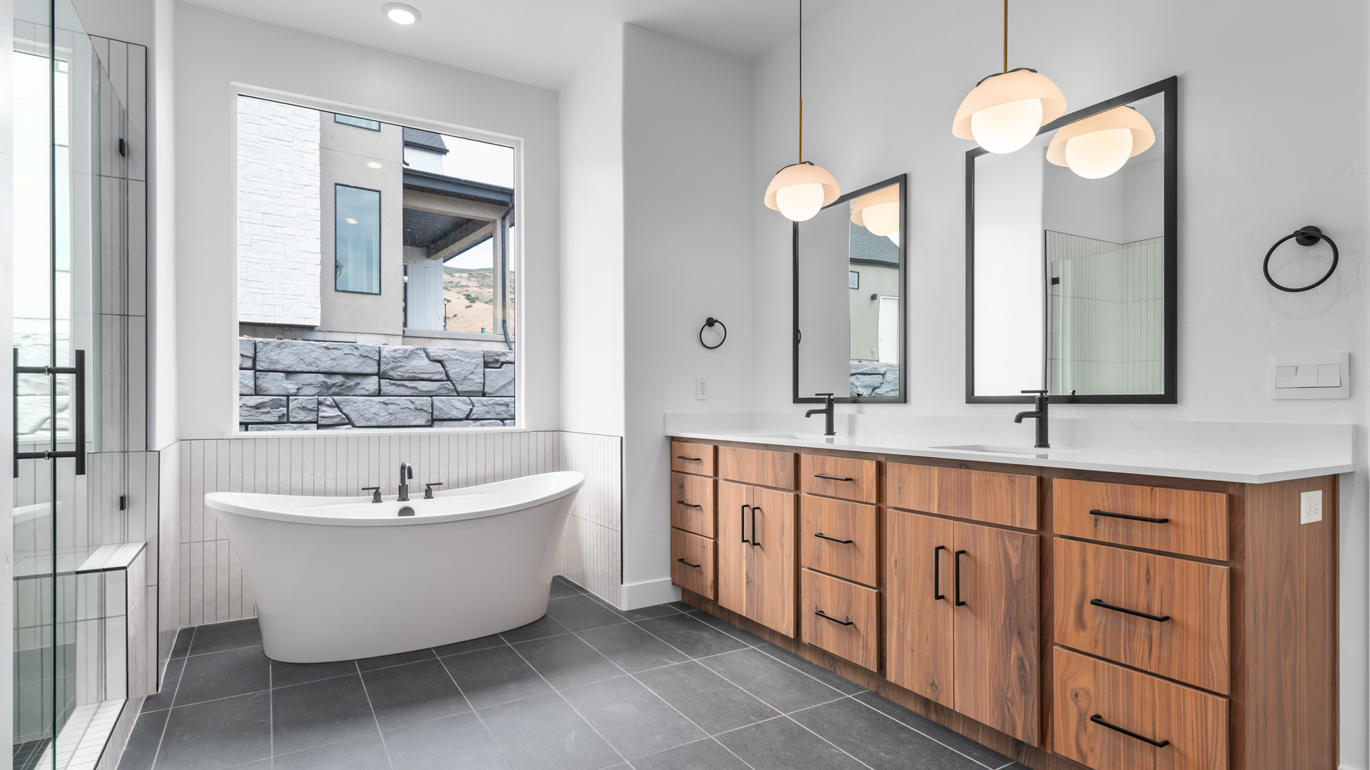 Primary bathroom with double sink vanity.