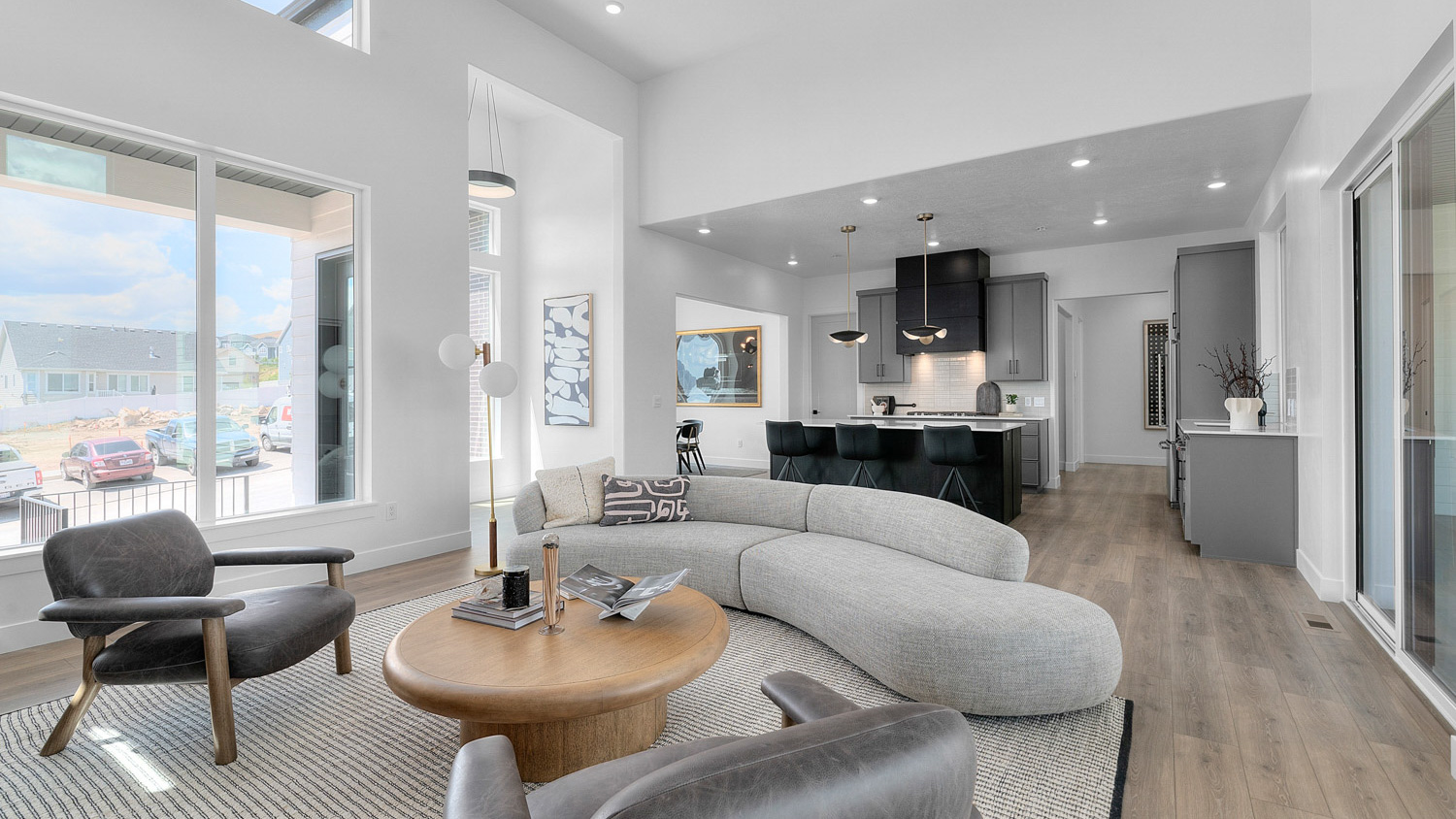 Living room into kitchen space.