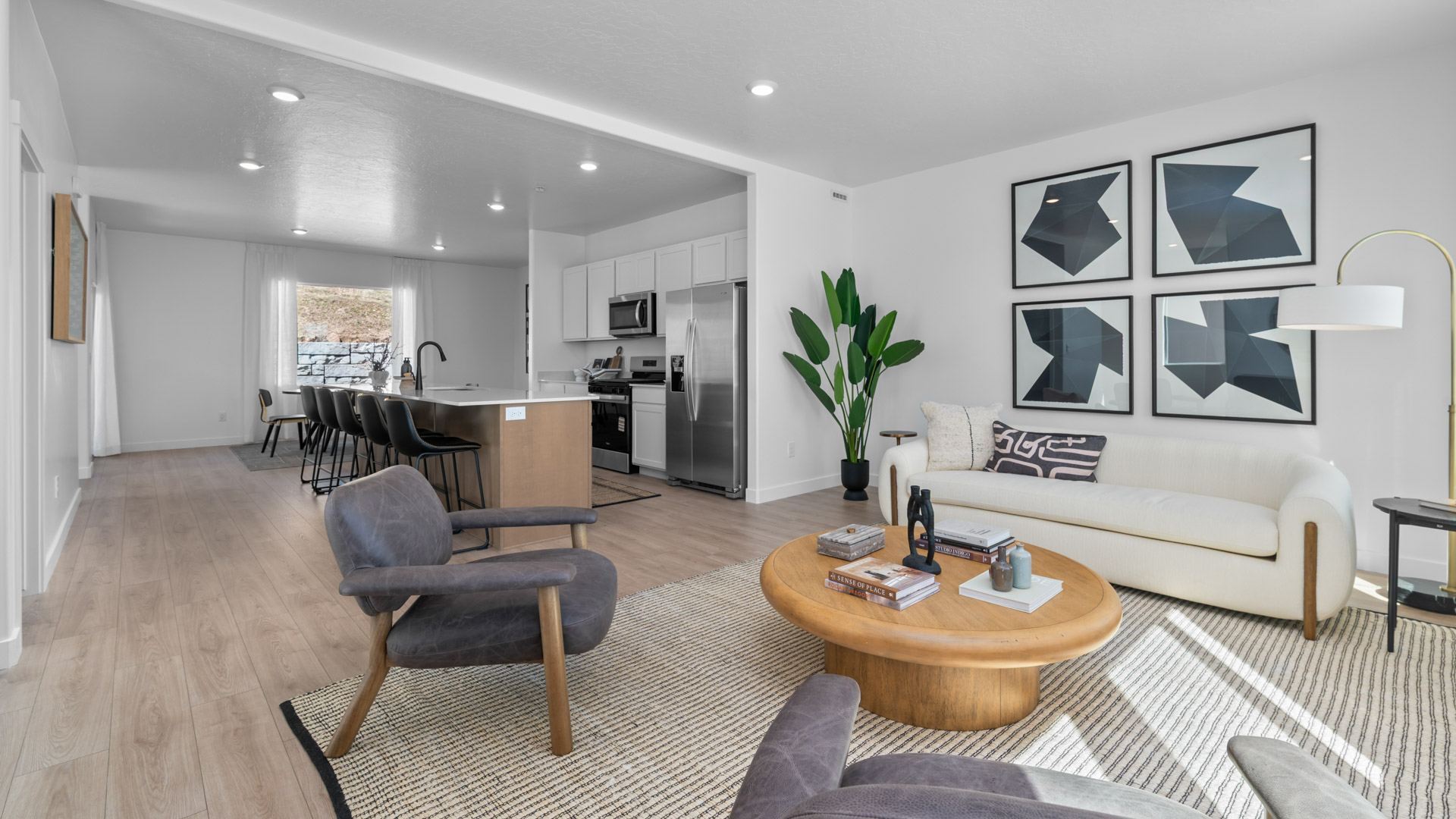 Spacious family room with windows.