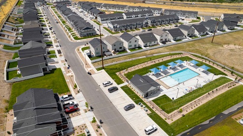 Aerial views of Quiet Valley community featuring beautiful mountains in Spanish Fork Utah.