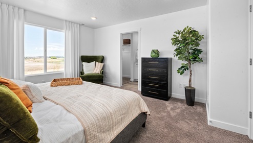 Primary bedroom with large window and three square windows above bed.