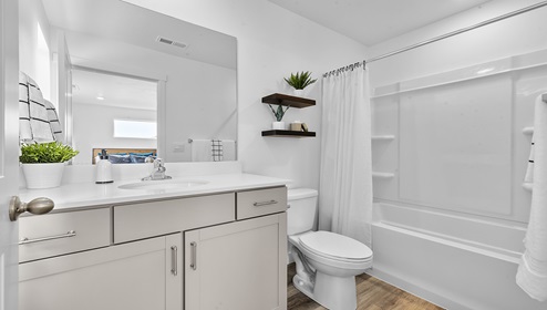 Full size bathroom with large counterspace on either side of the side, a toilet and a tub shower combination.