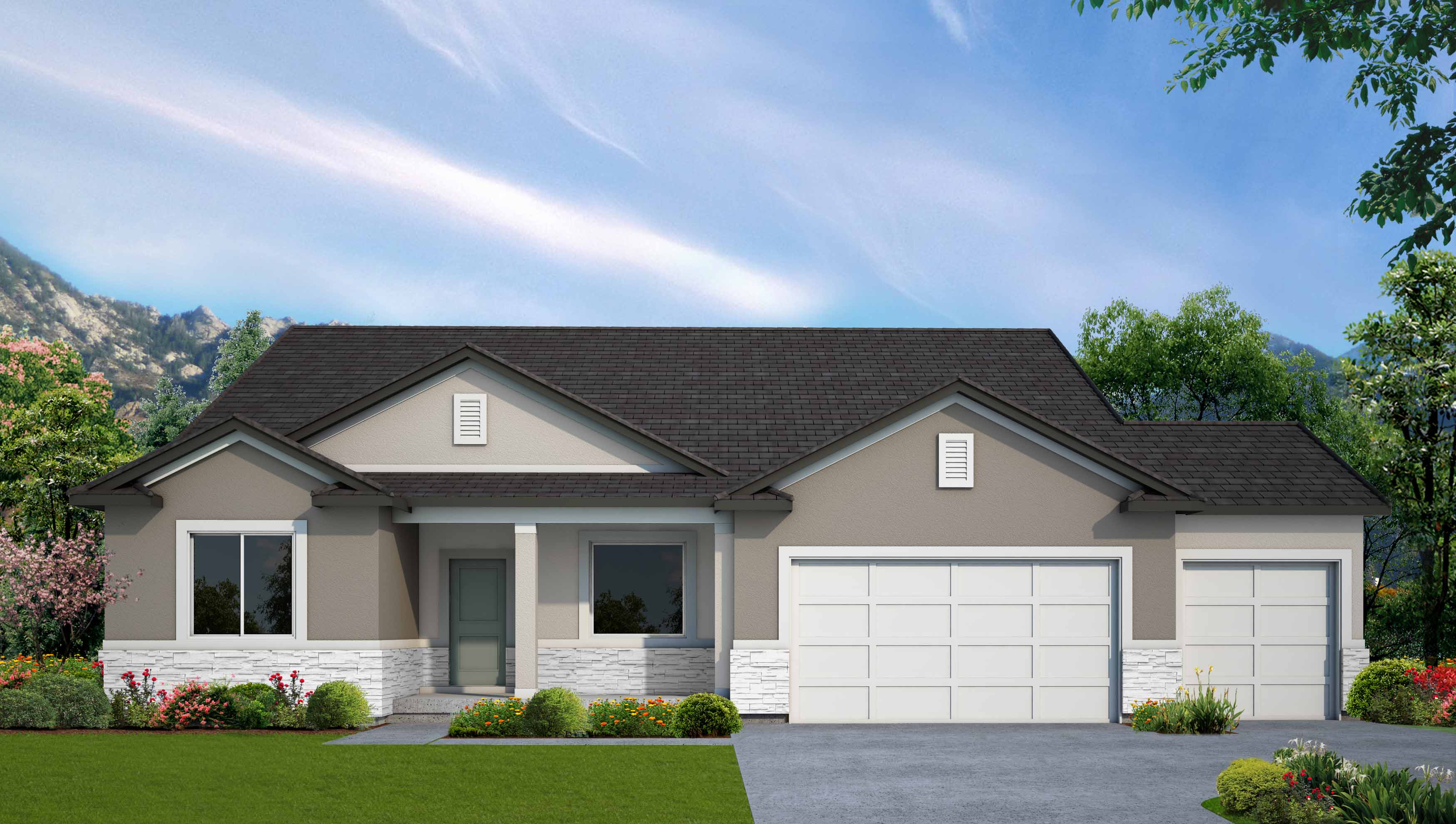 Brand new single story home in Grantsville with three car garage.