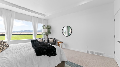 Primary bedroom with tray ceiling and large windows.