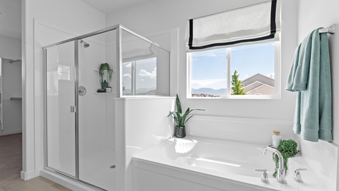 Primary bathroom with tub and shower and window.