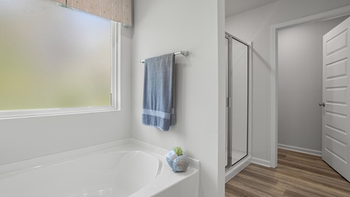 Relaxing soaking tub inside the primary bathroom suite.