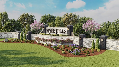 The River Hills entrance made of stone, brick and iron, to the community.